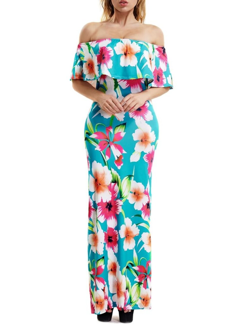 Women's Blue Ruffle Plain Floral Printed Off Shoulder Bodycon Long Stylish Maxi